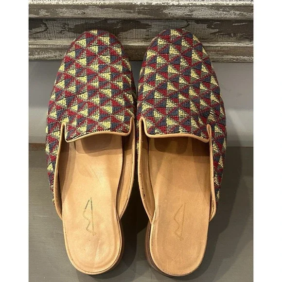 Baggio Italy Mens 10M (Unisex)Handmade Tapestry Mule Loafers Vero Cuoio Leather